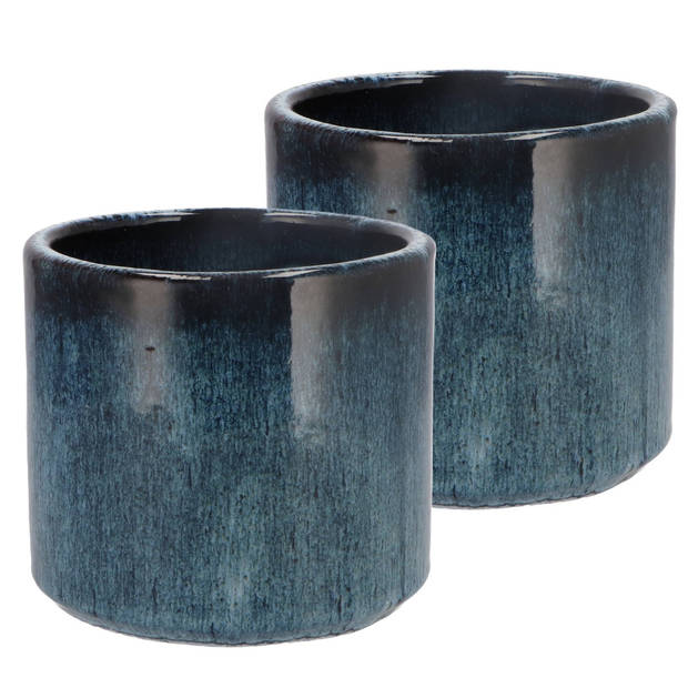 DK Design Bloempot model Blue Glaze - 2x - blauw - D14 x H15 cm - ombre - Plantenpotten