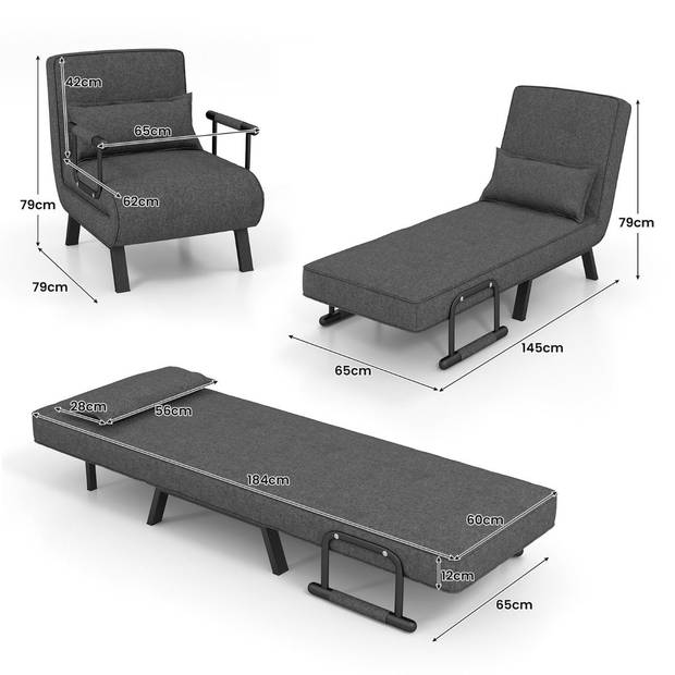 Costway 4-in-1 Uitklapbare Slaapstoel Belastbaar Tot 150 kg Donkergrijs - Inklapbare Slaapbank