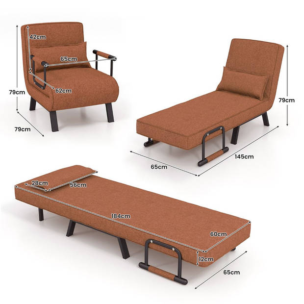 Costway 4-in-1 Uitklapbare Slaapstoel Belastbaar Tot 150 kg Bruin/Koffie - Inklapbare Slaapbank