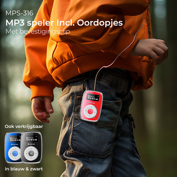 Denver MP3 Speler Incl. Oordopjes - 32GB - Shuffle - Kinderen & Volwassenen - Bevestigingsclip - AUX - MPS316 - Rood