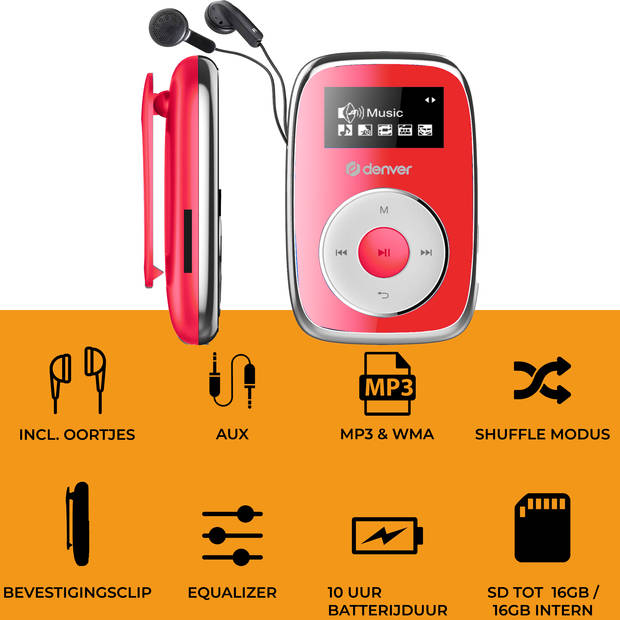 Denver MP3 Speler Incl. Oordopjes - 16GB- Shuffle - Kinderen & Volwassenen - Bevestigingsclip - AUX - MPS316 - Rood