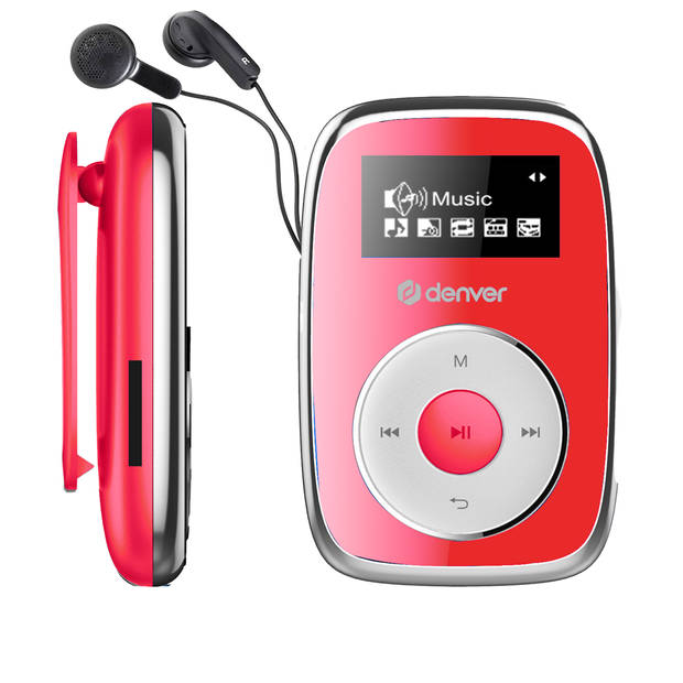 Denver MP3 Speler Incl. Oordopjes - 32GB - Shuffle - Kinderen & Volwassenen - Bevestigingsclip - AUX - MPS316 - Rood