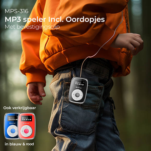 Denver MP3 Speler Incl. Oordopjes - 16GB - Shuffle - Kinderen & Volwassenen - Bevestigingsclip - AUX - MPS316 - Zwart