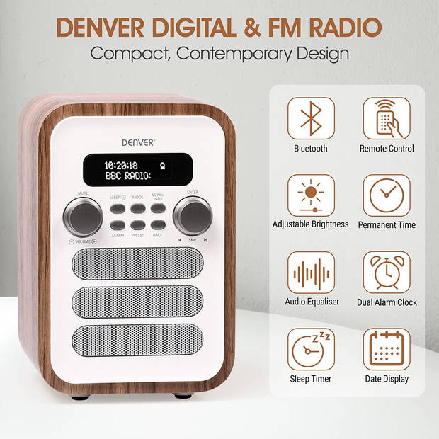 Denver DAB Radio - Retro Radio - Bluetooth - DAB+/ FM Radio - DAB48W