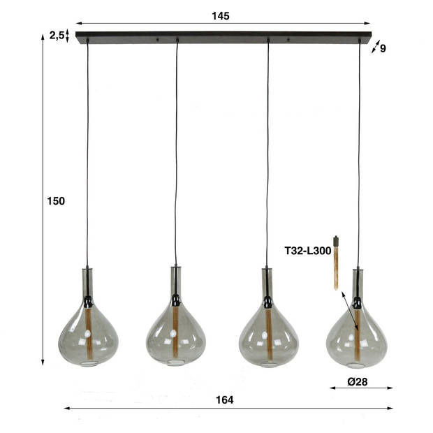 Chiara hanglamp 4L druppel smoke glas - artic zwart