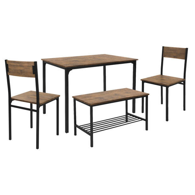 Eetkamerset met bank 4-delig met eettafel en stoelen rustiek eiken stalen frame ML design