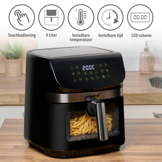 alpina Airfryer XXL - Heteluchtfriteuse 9L - Air Fryer met Digitaal Display - Hetelucht Friteuse