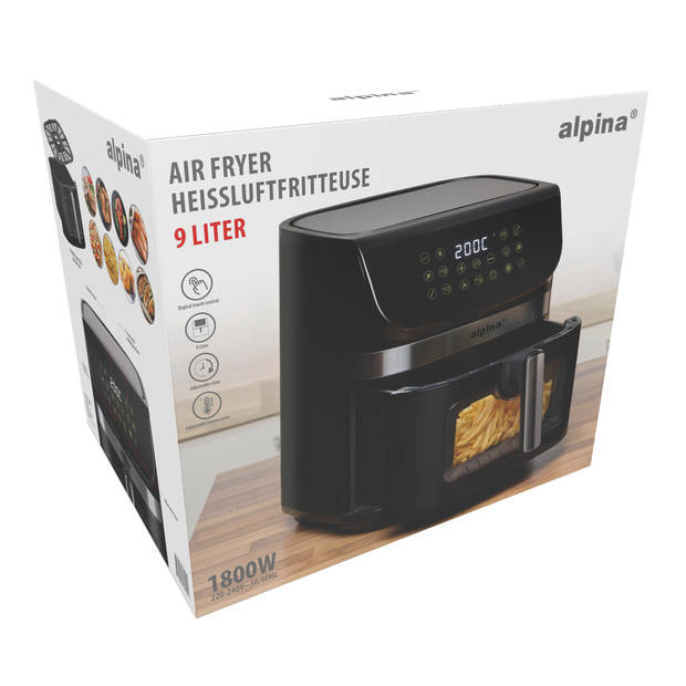 alpina Airfryer XXL - Heteluchtfriteuse 9L - Air Fryer met Digitaal Display - Hetelucht Friteuse