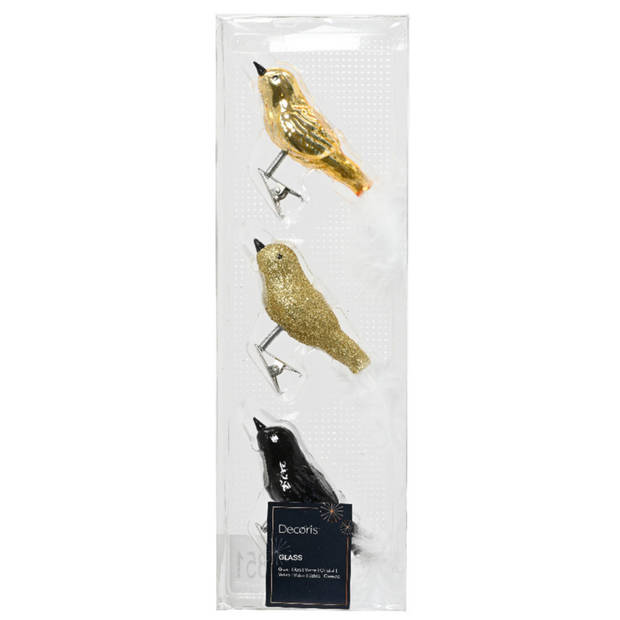 Decoris Kerst vogeltjes - 3x st - op clip - goud/zwart - 8 cm - glas - Kersthangers