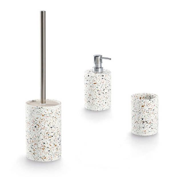 Zeller Luxe Toiletborstel in houder - wit - Terrazzo design - keramiek - 42 x 10 cm - Toiletborstels