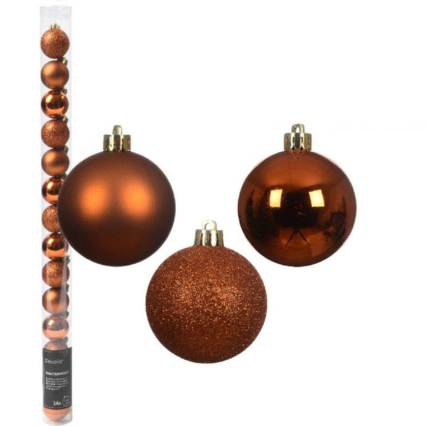 Decoris kleine kerstballen - 14x - koper/cognac - 3 cm -kunststof - Kerstbal