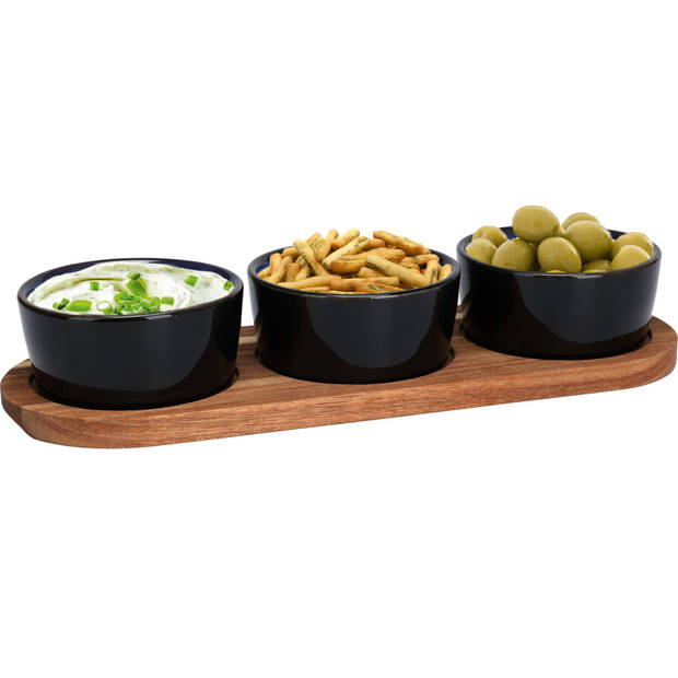 Serveerplank/borrelplank hapjes/saus/tapas - keramiek - blauw - incl. 3x schaaltjes - Serveerplanken