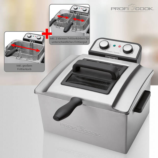 ProfiCook FR 1038 Dubbele Friteuse - Friteuse met 2 kleine & 1 grote mand - 3720 watt