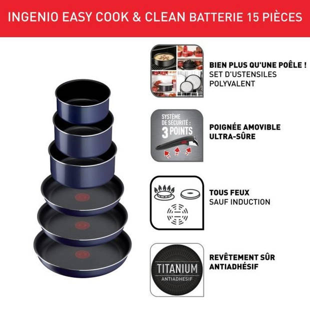 TEFAL INGENIO Easy Cook & Clean Set 15-delig, Koekenpan, Braadpan, Niet-inductie, Antiaanbaklaag, Made in France L157950