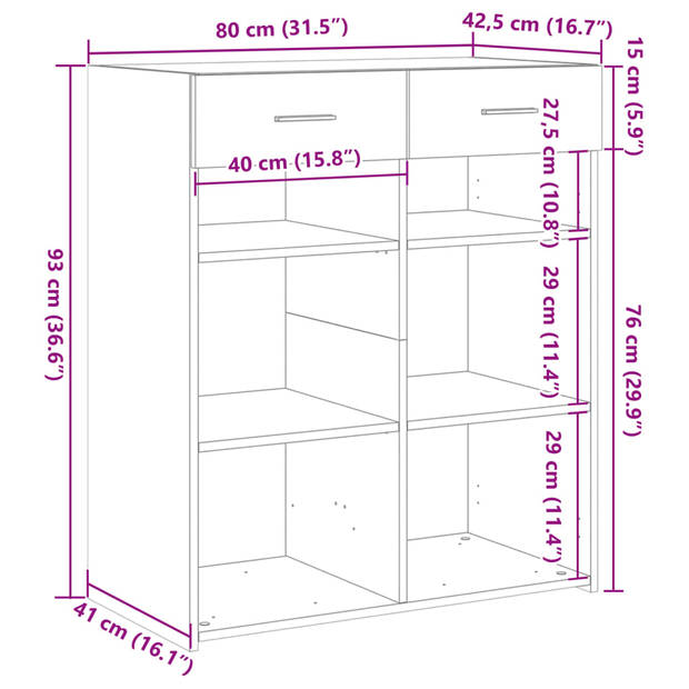 vidaXL Dressoir 80x42,5x93 cm bewerkt hout bruin eikenkleur