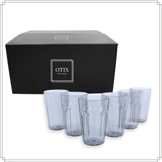 OTIX Kunststof Drinkglazen - Herbruikbaar - Set van 6 - Waterglas - Groot - 350ml - Transparant - Grijs - Kunststof