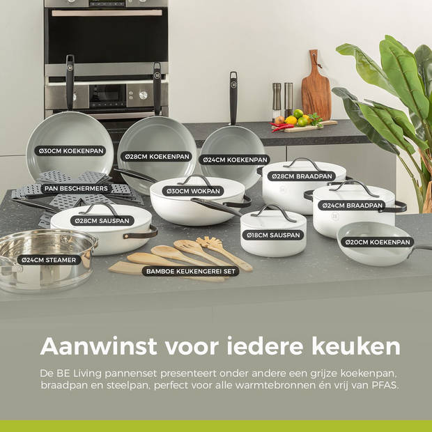 BE Living Sauspan met Deksel - Ø 18cm - PFAS vrije steelpan inductie - Geschikt voor alle warmtebronnen - Wit