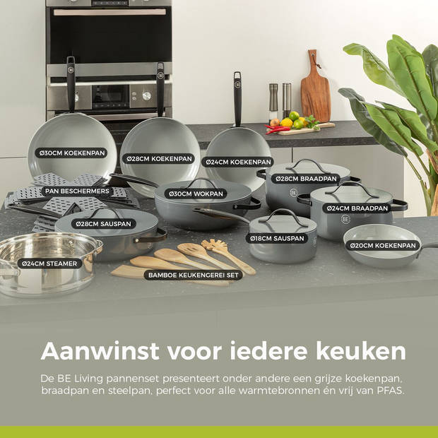 BE Living Sauspan met Deksel - Ø 18cm - PFAS vrije steelpan inductie - Geschikt voor alle warmtebronnen - Grijs