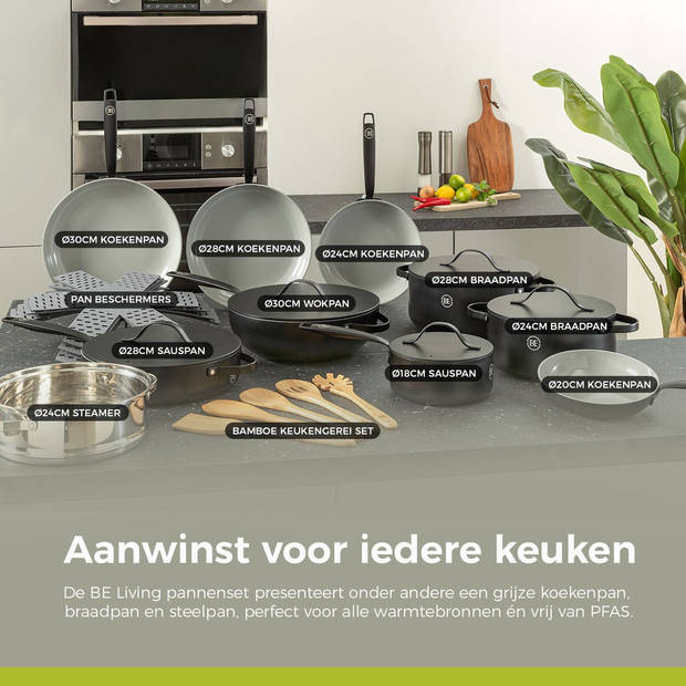 BE Living Braadpan met Deksel - Ø 28 cm - PFAS vrije Kookpan inductie - Geschikt voor alle warmtebronnen - Zwart