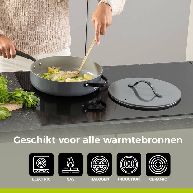 BE Living Hapjespan met Deksel - Ø 28cm - PFAS vrije sauteerpan inductie - Geschikt voor alle warmtebronnen - Grijs