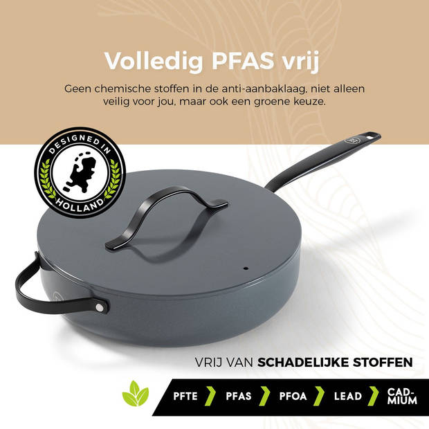 BE Living Hapjespan met Deksel - Ø 28cm - PFAS vrije sauteerpan inductie - Geschikt voor alle warmtebronnen - Grijs