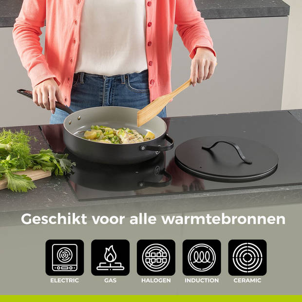 BE Living Hapjespan met Deksel - Ø 28cm - PFAS vrije sauteerpan inductie - Geschikt voor alle warmtebronnen - Zwart