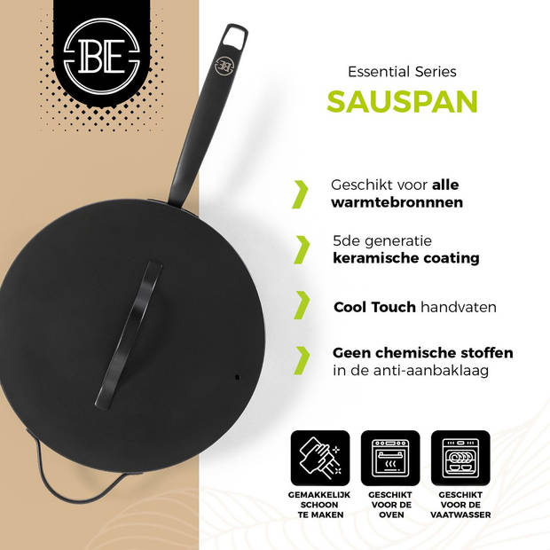 BE Living Hapjespan met Deksel - Ø 28cm - PFAS vrije sauteerpan inductie - Geschikt voor alle warmtebronnen - Zwart