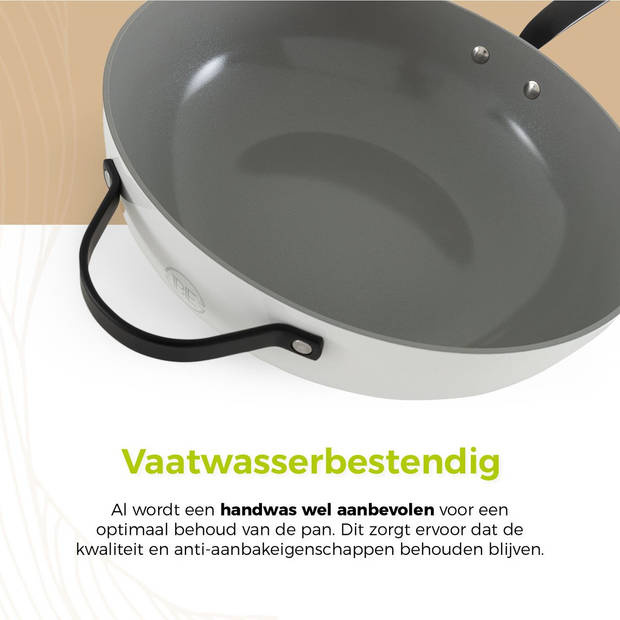 BE Living Wokpan met Deksel - Ø 30 cm - PFAS vrije Keramische Hapjespan inductie - Alle warmtebronnen - Wit