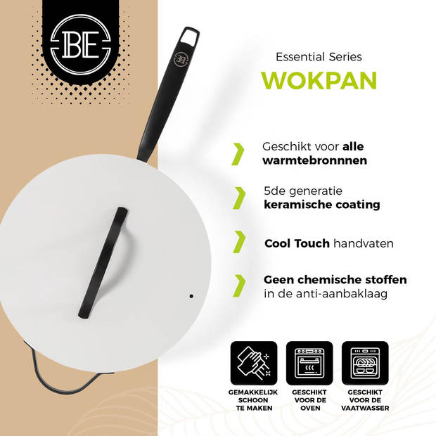 BE Living Wokpan met Deksel - Ø 30 cm - PFAS vrije Keramische Hapjespan inductie - Alle warmtebronnen - Wit