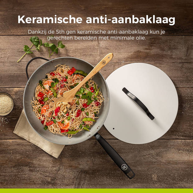 BE Living Wokpan met Deksel - Ø 30 cm - PFAS vrije Keramische Hapjespan inductie - Alle warmtebronnen - Wit