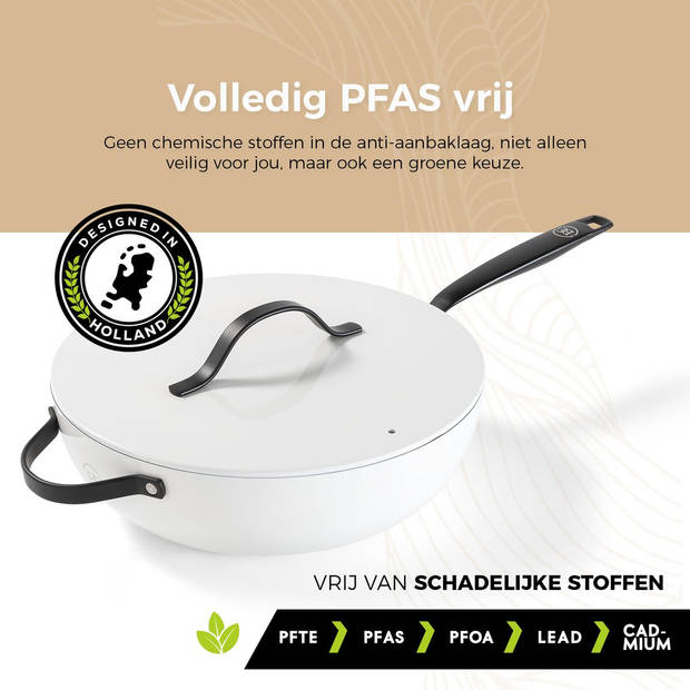 BE Living Wokpan met Deksel - Ø 30 cm - PFAS vrije Keramische Hapjespan inductie - Alle warmtebronnen - Wit