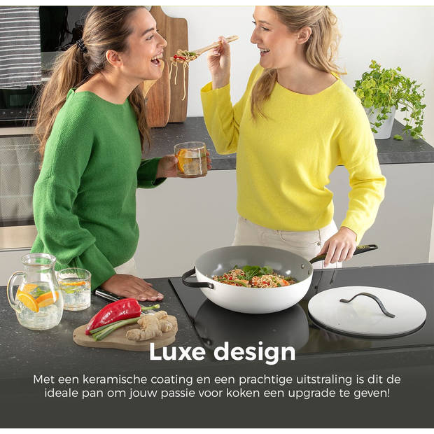 BE Living Wokpan met Deksel - Ø 30 cm - PFAS vrije Keramische Hapjespan inductie - Alle warmtebronnen - Wit