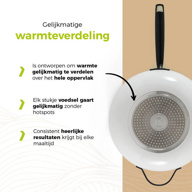 BE Living Wokpan met Deksel - Ø 30 cm - PFAS vrije Keramische Hapjespan inductie - Alle warmtebronnen - Wit