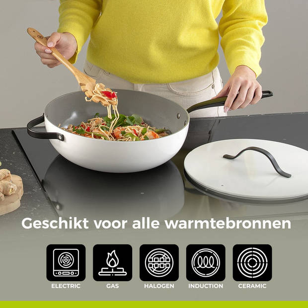 BE Living Wokpan met Deksel - Ø 30 cm - PFAS vrije Keramische Hapjespan inductie - Alle warmtebronnen - Wit