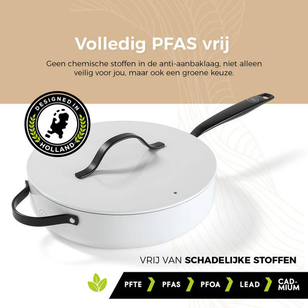 BE Living Hapjespan met Deksel - Ø 28cm - PFAS vrije sauteerpan inductie - Geschikt voor alle warmtebronnen - Wit