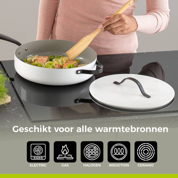 BE Living Hapjespan met Deksel - Ø 28cm - PFAS vrije sauteerpan inductie - Geschikt voor alle warmtebronnen - Wit