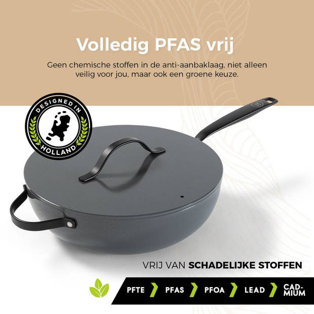 BE Living Wokpan met Deksel - Ø 30 cm - PFAS vrije Keramische Hapjespan inductie - Alle warmtebronnen - Grijs