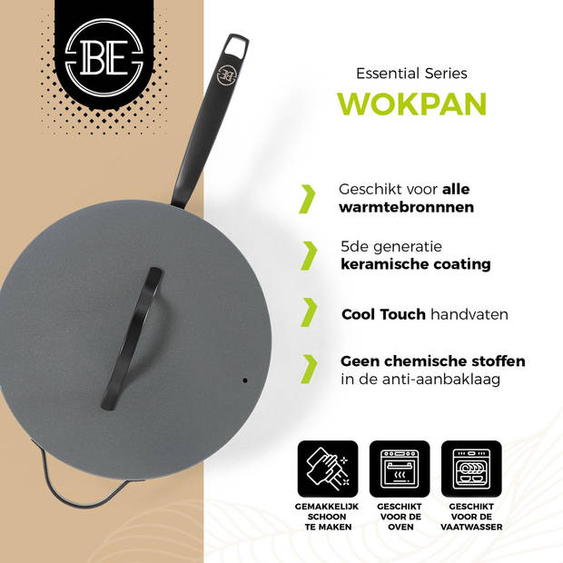 BE Living Wokpan met Deksel - Ø 30 cm - PFAS vrije Keramische Hapjespan inductie - Alle warmtebronnen - Grijs