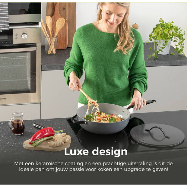 BE Living Wokpan met Deksel - Ø 30 cm - PFAS vrije Keramische Hapjespan inductie - Alle warmtebronnen - Grijs