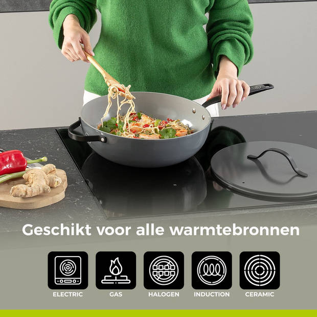 BE Living Wokpan met Deksel - Ø 30 cm - PFAS vrije Keramische Hapjespan inductie - Alle warmtebronnen - Grijs