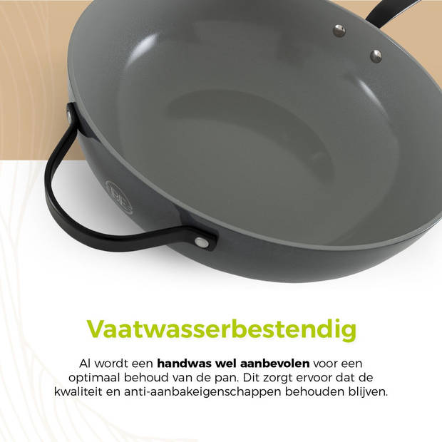 BE Living Wokpan met Deksel - Ø 30 cm - PFAS vrije Keramische Hapjespan inductie - Alle warmtebronnen - Grijs