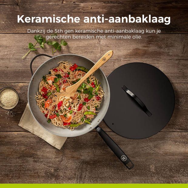 BE Living Wokpan met Deksel - Ø 30 cm - PFAS vrije Keramische Hapjespan inductie - Alle warmtebronnen - Zwart