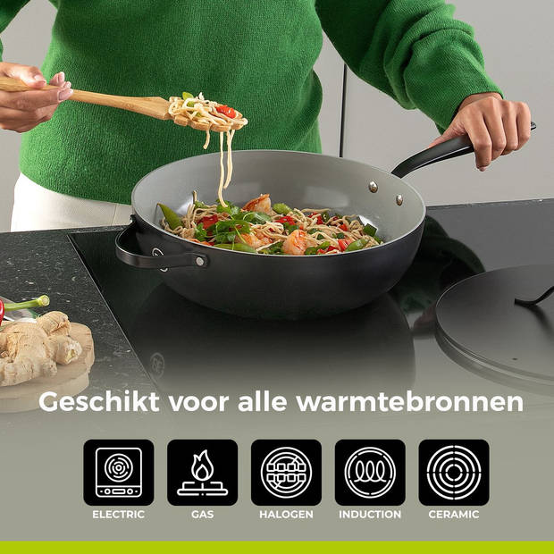 BE Living Wokpan met Deksel - Ø 30 cm - PFAS vrije Keramische Hapjespan inductie - Alle warmtebronnen - Zwart