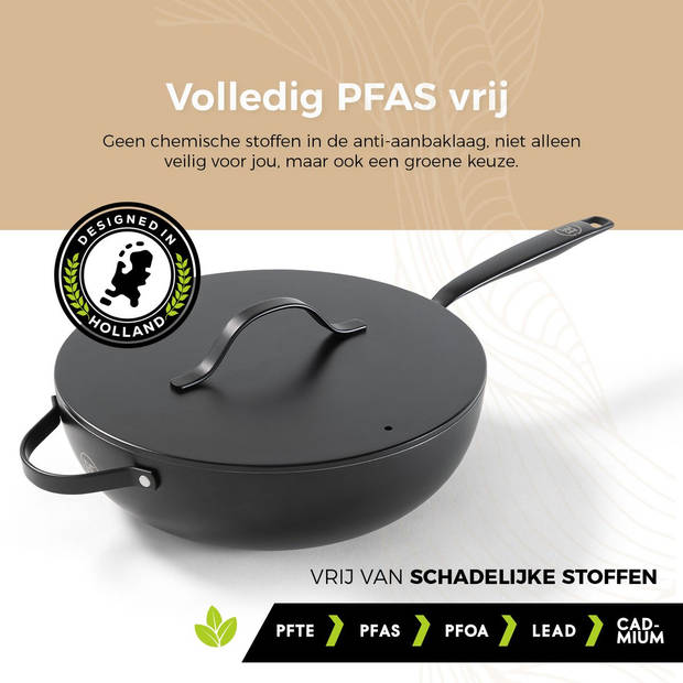 BE Living Wokpan met Deksel - Ø 30 cm - PFAS vrije Keramische Hapjespan inductie - Alle warmtebronnen - Zwart