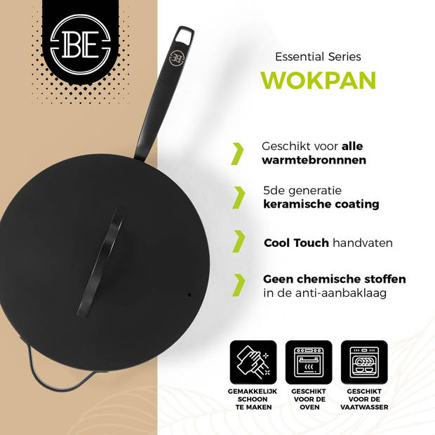 BE Living Wokpan met Deksel - Ø 30 cm - PFAS vrije Keramische Hapjespan inductie - Alle warmtebronnen - Zwart