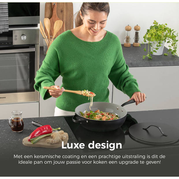 BE Living Wokpan met Deksel - Ø 30 cm - PFAS vrije Keramische Hapjespan inductie - Alle warmtebronnen - Zwart