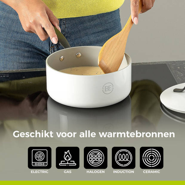 BE Living Sauspan met Deksel - Ø 18cm - PFAS vrije steelpan inductie - Geschikt voor alle warmtebronnen - Wit