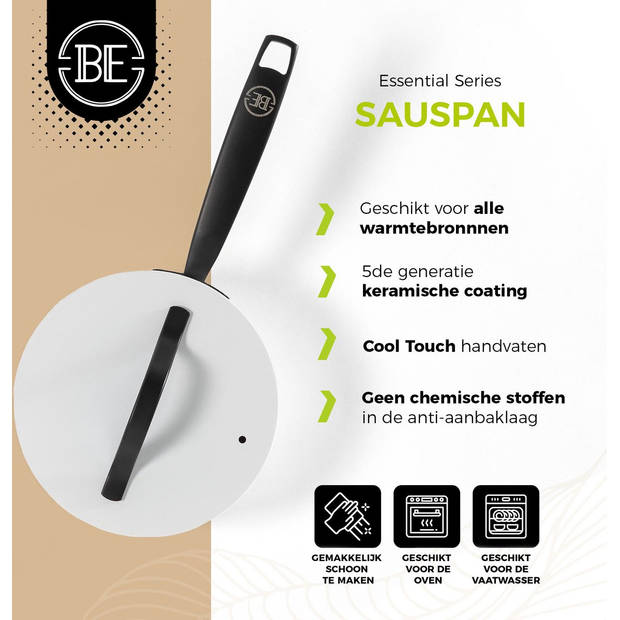 BE Living Sauspan met Deksel - Ø 18cm - PFAS vrije steelpan inductie - Geschikt voor alle warmtebronnen - Wit