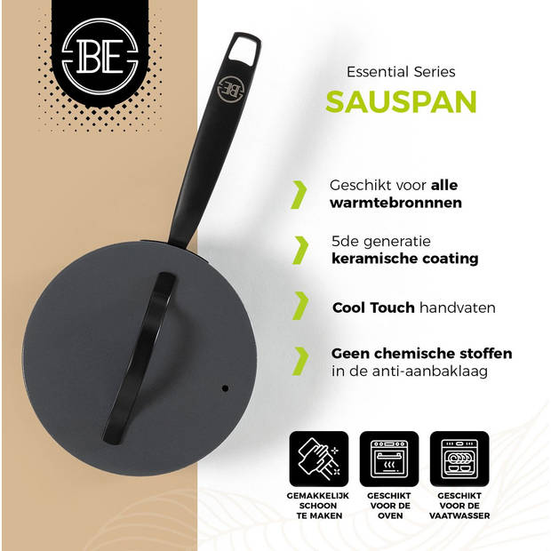 BE Living Sauspan met Deksel - Ø 18cm - PFAS vrije steelpan inductie - Geschikt voor alle warmtebronnen - Grijs