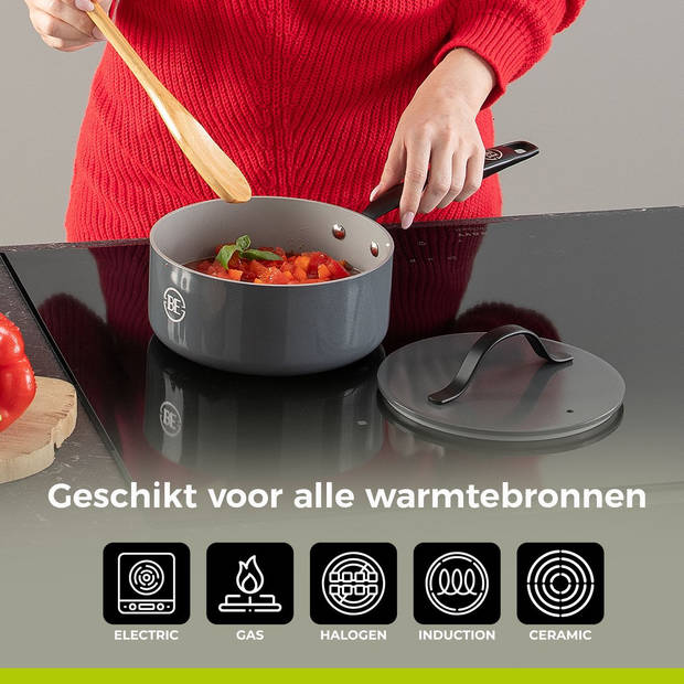 BE Living Sauspan met Deksel - Ø 18cm - PFAS vrije steelpan inductie - Geschikt voor alle warmtebronnen - Grijs